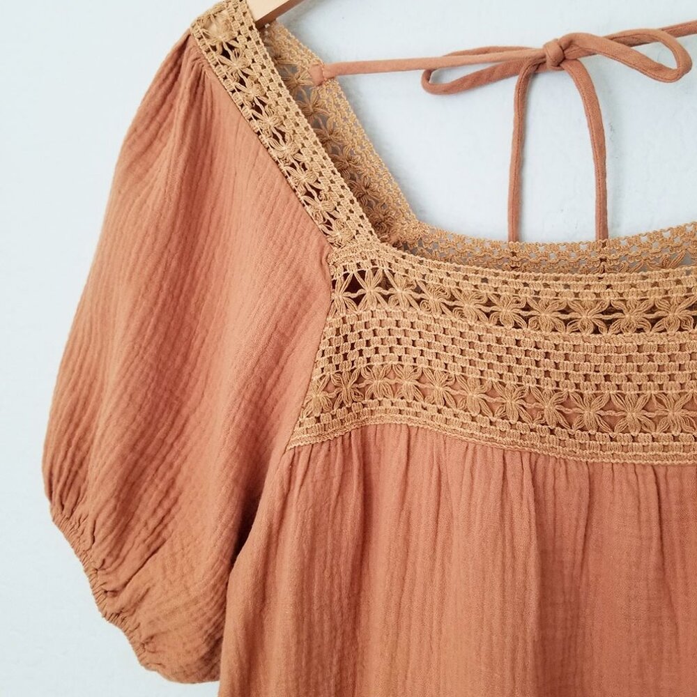 Bluivy Women's S Boho Crochet Lace Puff Sleeves Blouse Square Neck Camel Cotton - Picture 10 of 14